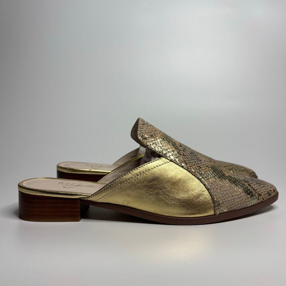 42 GOLD Rue Leather Pointed Toe Mules in Beige/Gold Snake Metallic